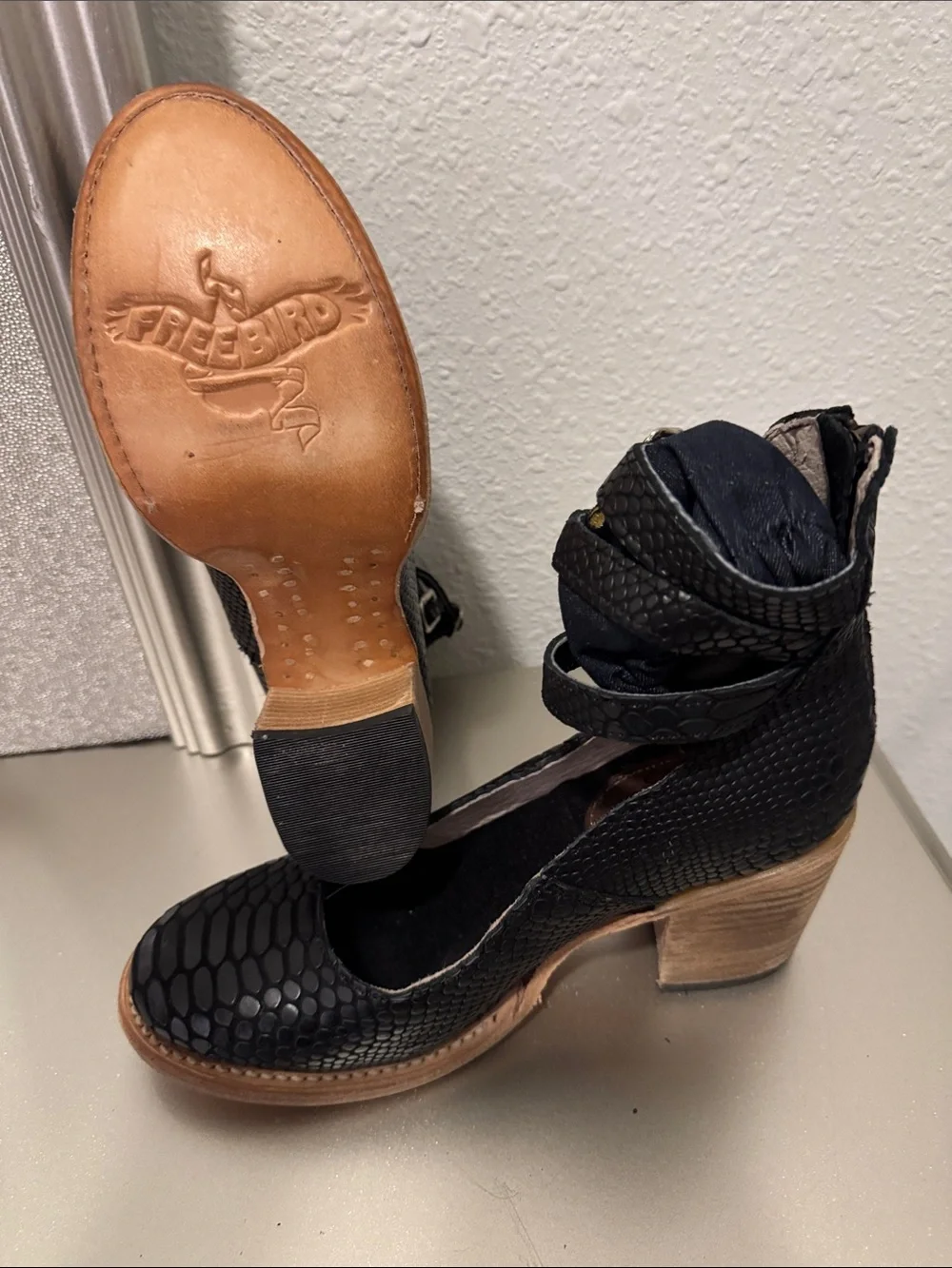 Freebird by Steven Black Faux-Snakeskin Triple-Strap Block Heel Booties - Picture 4 of 4
